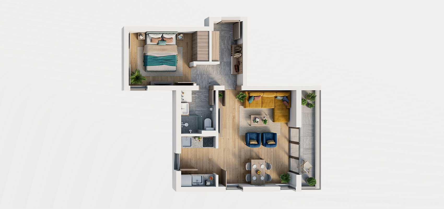 Interior visualization — S14, first floor, one-bedroom apartment